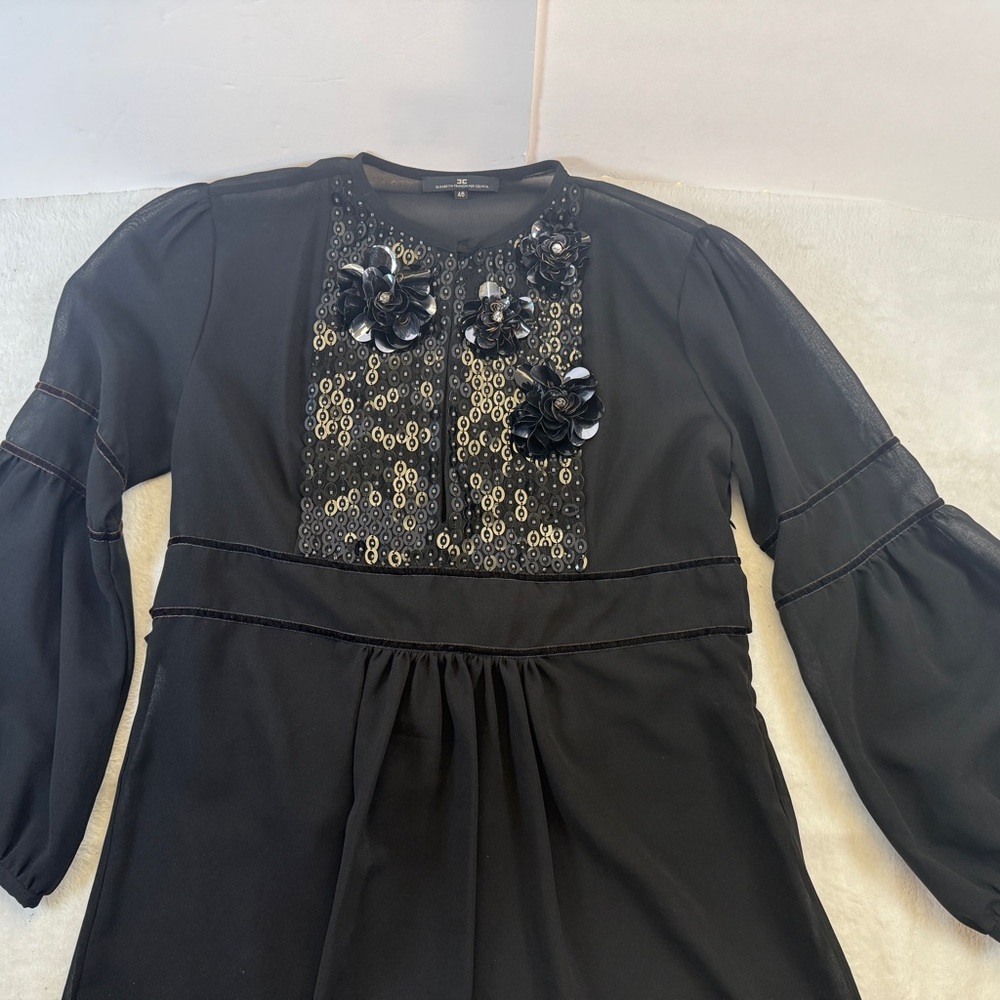 Elisabetta Franchi Celyn B black sheer blouse puffed sleeve sequined top 46 - Picture 5 of 11